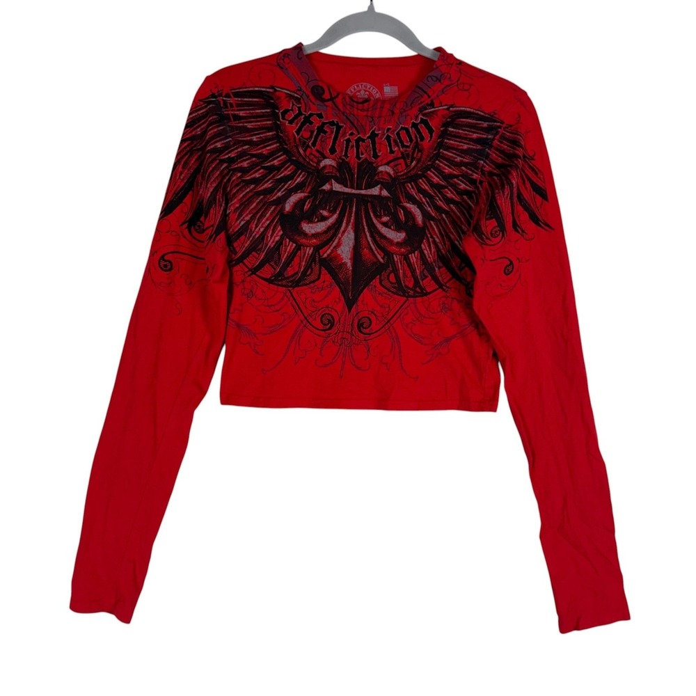 Affliction Shirt Womens Medium Y2K Red Wings Graphic Crewneck Crop Long Sleeve